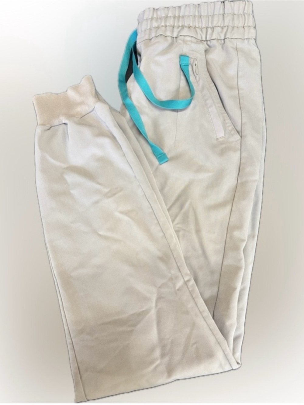Figs Women's Track Joggers in Cream with Teal Drawstring